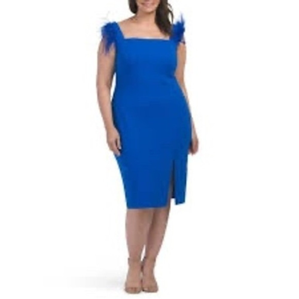 Adrianna Papell Feather Detail Sleeveless Sheath Blue Dress Sz 16W NWT